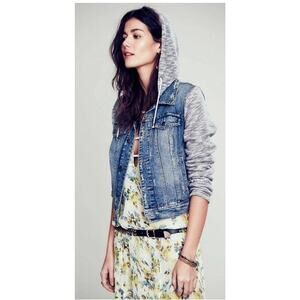 Free People Distressed Denim & Knit Sweater HOODIE Jacket S French Terry Gray